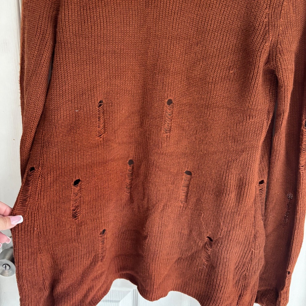 Daytrip BKE Distressed Knit Cardigan‎ Rust Orange Open Front Pockets Size M - Picture 3 of 4